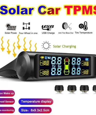 Solar powered digital car TPMS with four external sensors and LCD display sold in Pakistan