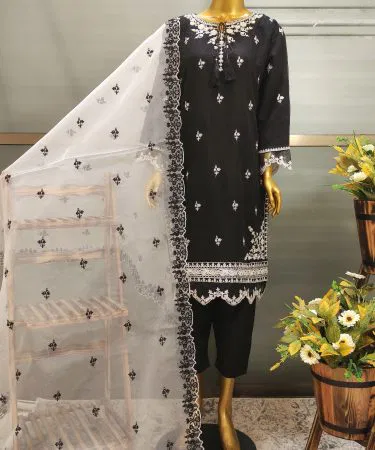 Embroidered Cotton Net 3-Piece Suit for Women with handwork embroidery and organza dupatta , imagecaption=Elegant embroidered cotton net 3‑piece suit for women – perfect for festive occasions ,