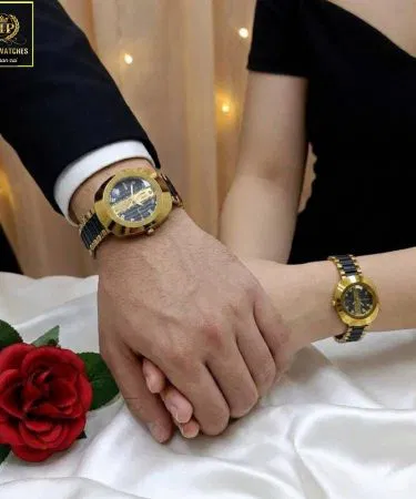 Rado luxury couple watches IP gold plated two tone steel chain sold in Pakistan