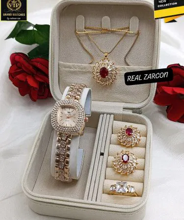Luxury women's zircon jewelry watch set with locket chain earrings ring sold in Pakistan
