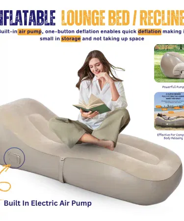 Beige inflatable lounge bed recliner sofa with built in air pump for outdoor camping