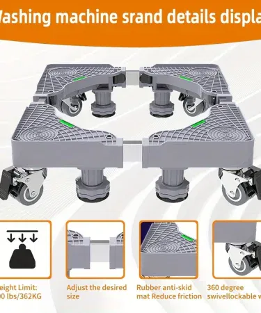 Grey adjustable washing machine stand with dual caster wheels and anti-vibration feet for Pakistan homes
