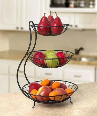 Black iron three tier metal wire fruit basket vegetable stand sold in Pakistan