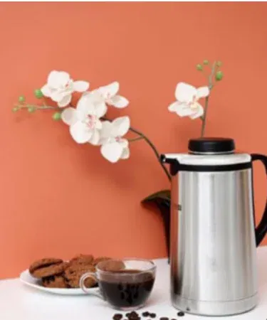 Silver 1-liter stainless steel thermos flask with press button and glass refill sold in Pakistan