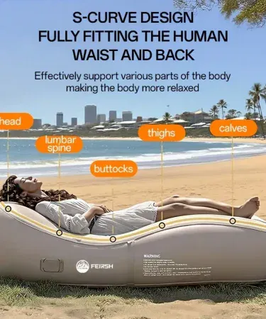 Beige inflatable lounge bed recliner sofa with built in air pump for outdoor camping
