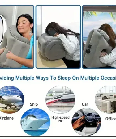 Grey inflatable travel sleeping pillow with ergonomic face down neck and head support