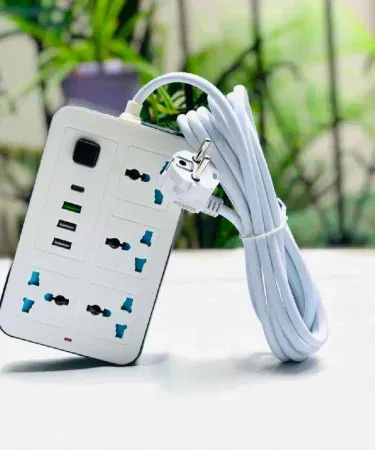 Black and white extension lead with USB Type-C ports and safety switch sold in Pakistan
