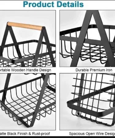 Big size 3 tray fruit basket vegetable holder matte black metal wooden handle Pakistan
