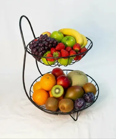 Black two tier metal wire fruit basket vegetable stand for kitchen sold in Pakistan