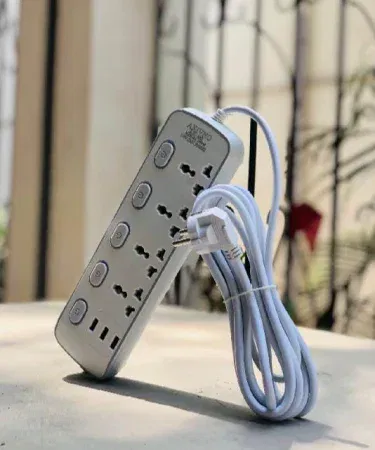 White and blue heavy duty 3m copper extension board with USB sockets sold in Pakistan
