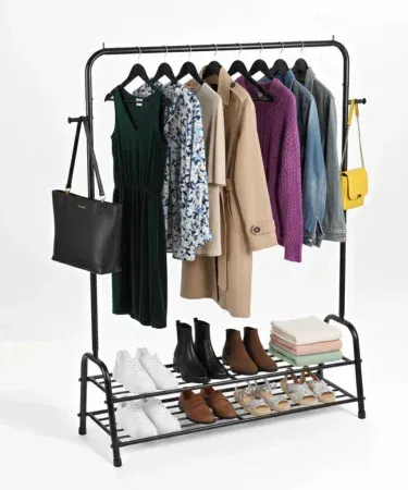 Multi-purpose stainless steel clothes rack with double shoe storage and side hooks sold in Pakistan