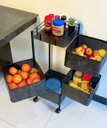 Black 4-tier square rotating kitchen storage rack with wheels sold in Pakistan