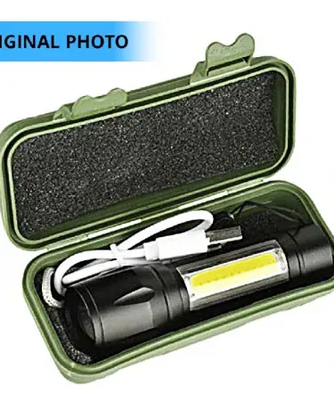 Zoomable rechargeable metal COB LED torch flashlight with USB charging sold in Pakistan