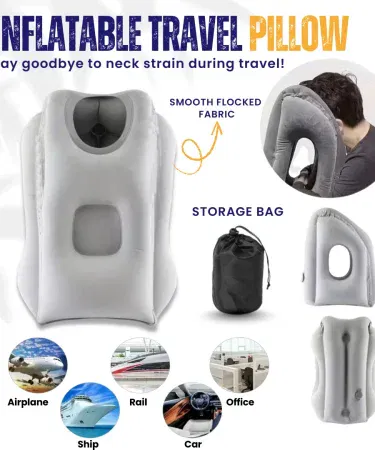 Grey inflatable travel sleeping pillow with ergonomic face down neck and head support
