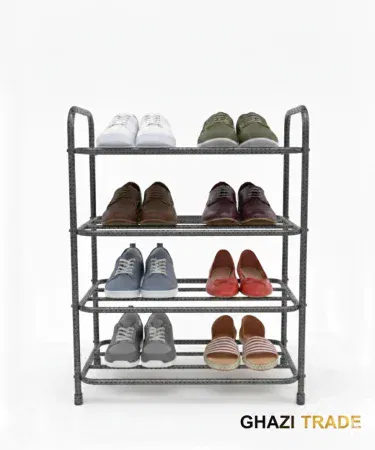 Space saving 4 layer stainless steel shoe rack chrome dotted grey sold in Pakistan