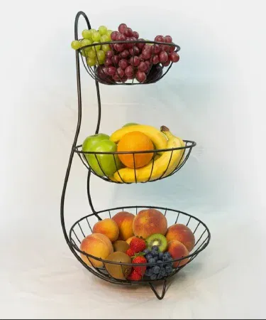 Black iron three tier metal wire fruit basket vegetable stand sold in Pakistan