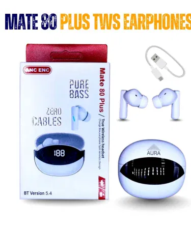 Mate 80 Plus white Bluetooth 5.4 wireless earbuds with LED display for Pakistan
