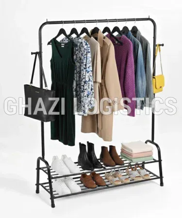 Multi-purpose stainless steel clothes rack with double shoe storage and side hooks sold in Pakistan