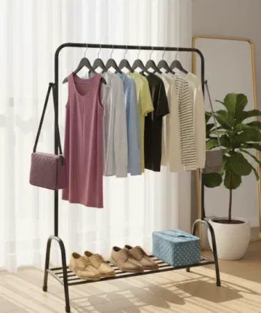 Elegant black metal cloth hanging stand with bottom storage rack for shoes and bags Pakistan