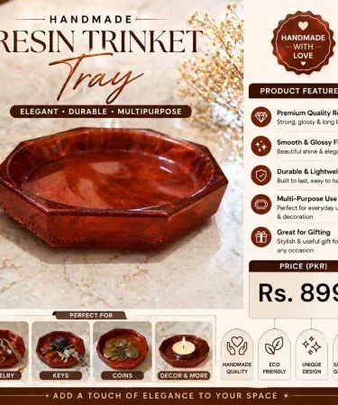 Handmade resin trinket tray with glossy finish for jewelry and keys sold in Pakistan