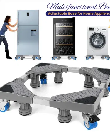 Grey adjustable washing machine stand with dual caster wheels and anti-vibration feet for Pakistan homes