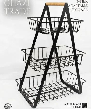 Big size 3 tray fruit basket vegetable holder matte black metal wooden handle Pakistan