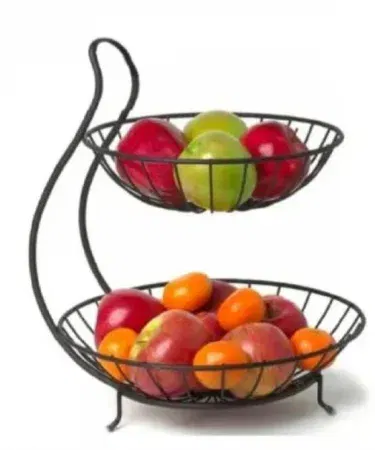 Black two tier metal wire fruit basket vegetable stand for kitchen sold in Pakistan