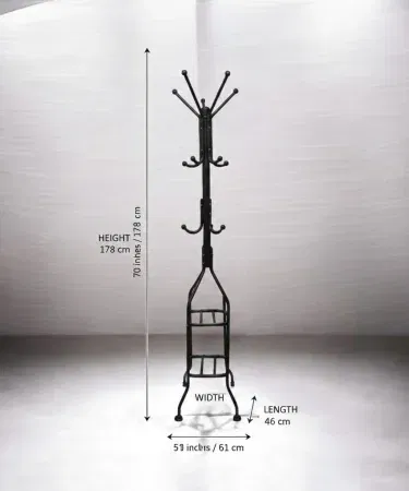 Black metal multipurpose shoe rack coat stand umbrella hat hanger two shelves sold in Pakistan