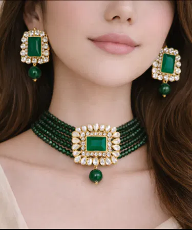 Green gold plated Naurateen choker set with matching earrings for women sold in Pakistan