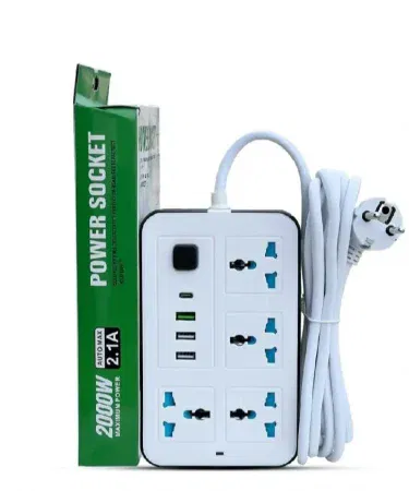 Black and white extension lead with USB Type-C ports and safety switch sold in Pakistan