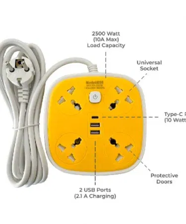 Three Shoo extension board four sockets USB Type C five meter wire available in Pakistan