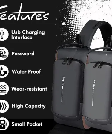 Black unisex anti theft sling bag with USB port and TSA lock sold in Pakistan