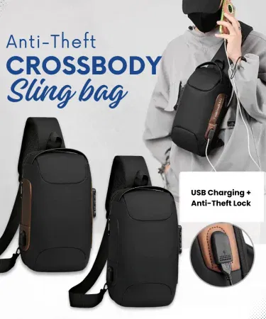 Black waterproof anti-theft sling bag with USB charging port and TSA lock sold in Pakistan