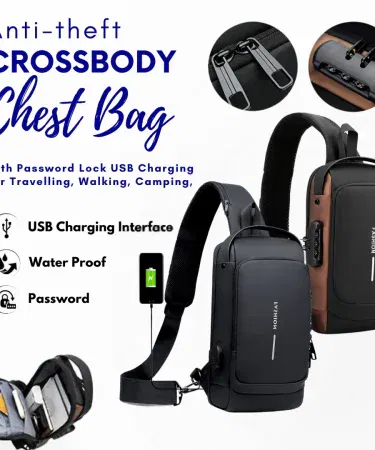 Black unisex anti theft sling bag with USB port and TSA lock sold in Pakistan