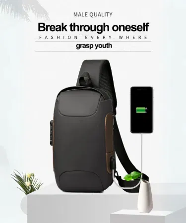 Black waterproof anti-theft sling bag with USB charging port and TSA lock sold in Pakistan