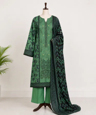 Green unstitched lawn 3PC chicken kari embroidered suit for summer in Pakistan