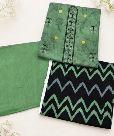 Green unstitched lawn 3PC chicken kari embroidered suit for summer in Pakistan