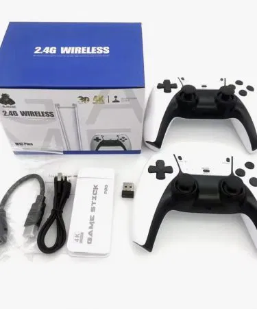 Wireless retro 4K HDMI game stick with dual controllers and built-in games sold in Pakistan
