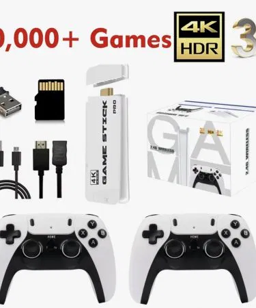 Wireless retro 4K HDMI game stick with dual controllers and built-in games sold in Pakistan