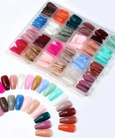 576 piece coffin shape press on nail collection with medium length full cover tips in 24 solid colors for nail art.