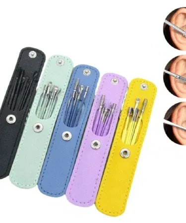 Pack of 6 stainless steel ear wax cleaning kit with leather case sold in Pakistan
