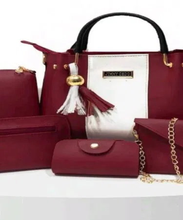 Premium 5-piece maroon ladies handbag set with tote, clutch, wallet, and coin pouch, sold in Pakistan