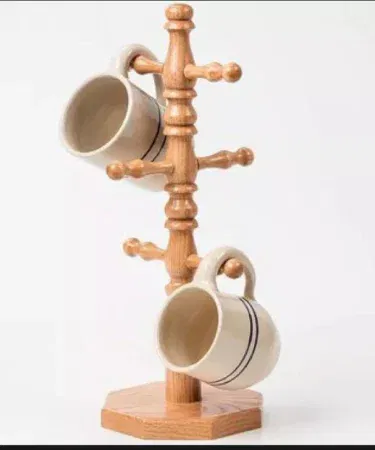 Wooden cup holder stand tree for 6 cups, durable and stable, perfect for kitchen organization in Pakistan.