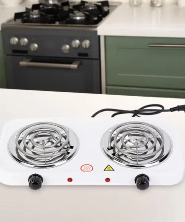 2000 Watt double electric stove with twin coil burners, fast heating, energy-efficient, portable for home and outdoor use in Pakistan.