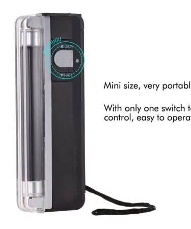 Handheld portable money detector with blacklight for verifying banknotes and passports security features in Pakistan.