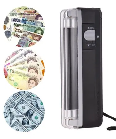 Handheld portable money detector with blacklight for verifying banknotes and passports security features in Pakistan.