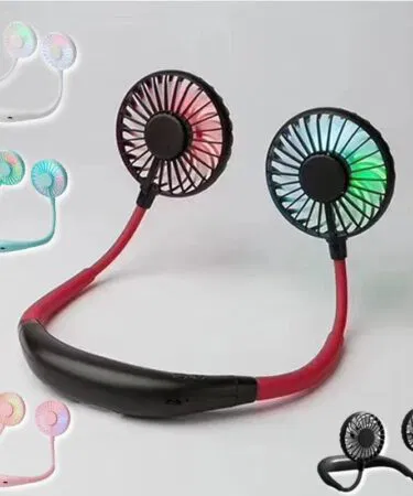 Lazy portable silent neck fan with LED light and 3-speed control, rechargeable, wearable, sold in Pakistan.