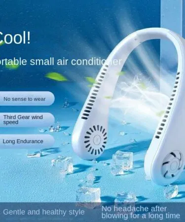 Portable bladeless neck cooler with 360° airflow, USB rechargeable, hands-free design for Pakistan.