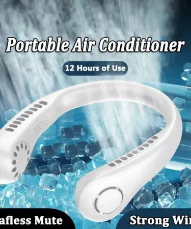 Portable bladeless neck cooler with 360° airflow, USB rechargeable, hands-free design for Pakistan.