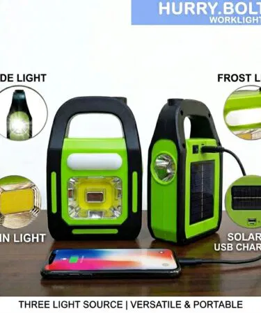 Solar rechargeable 3-in-1 emergency light with LED work light, torch, and power bank functionality.